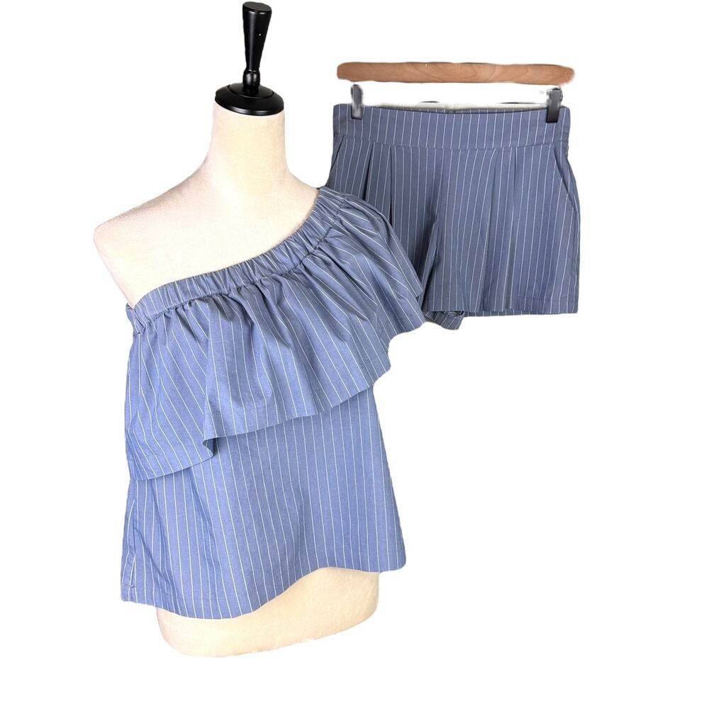 Koch Blue Pinstripe One Shoulder Ruffle Blouse Top Matching Shorts Two Piece Set